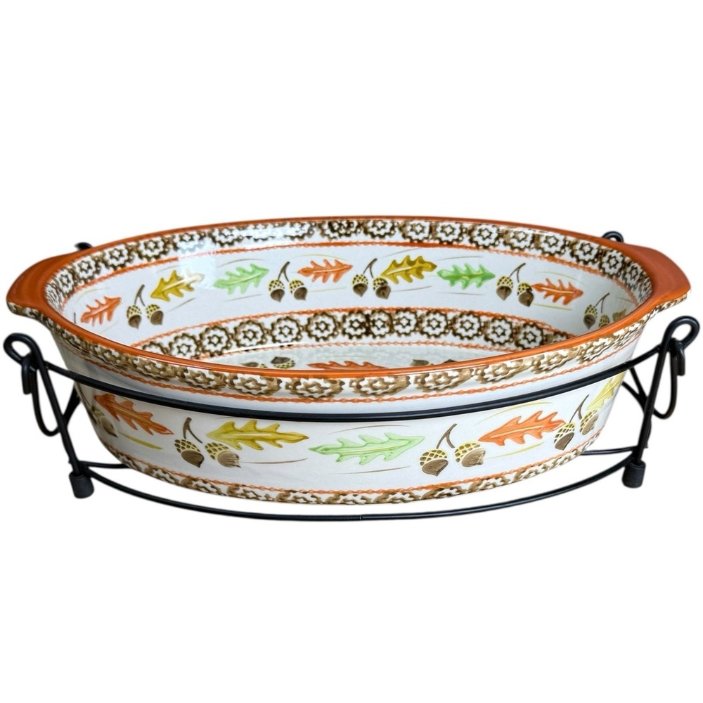 Temptations Old World Orange Acorn & Leaves 2.5qt W/ Handled Metal Carrying Rack